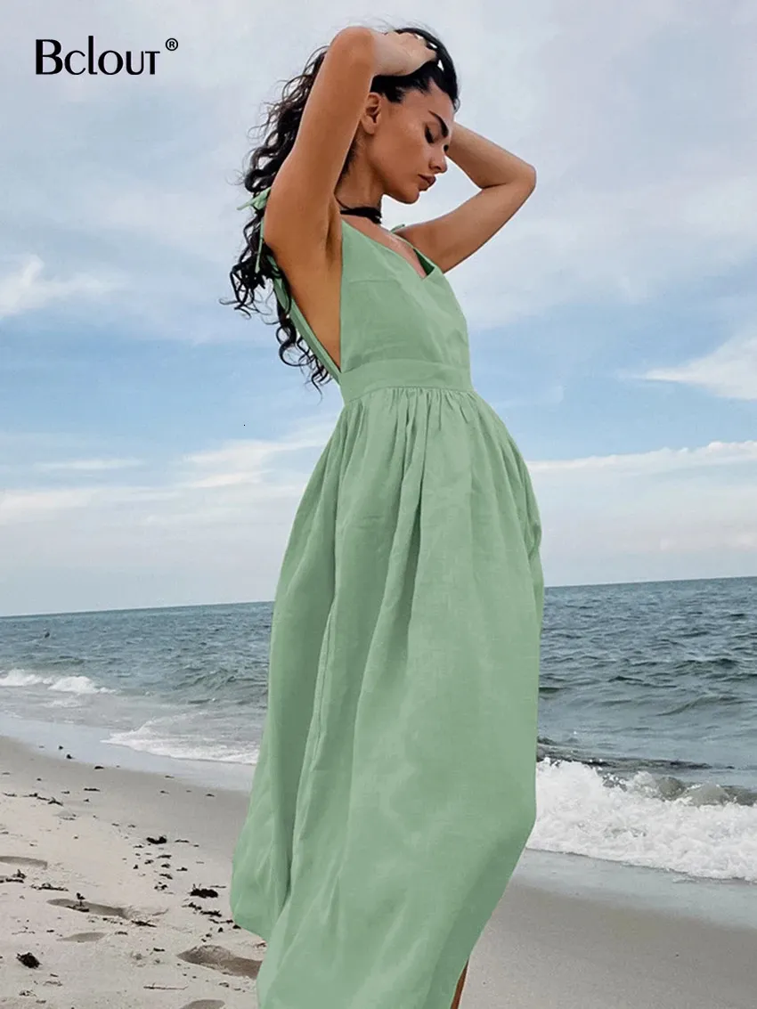 knee length dresses for ladies Linen Maxi Dress with Pockets main image 0