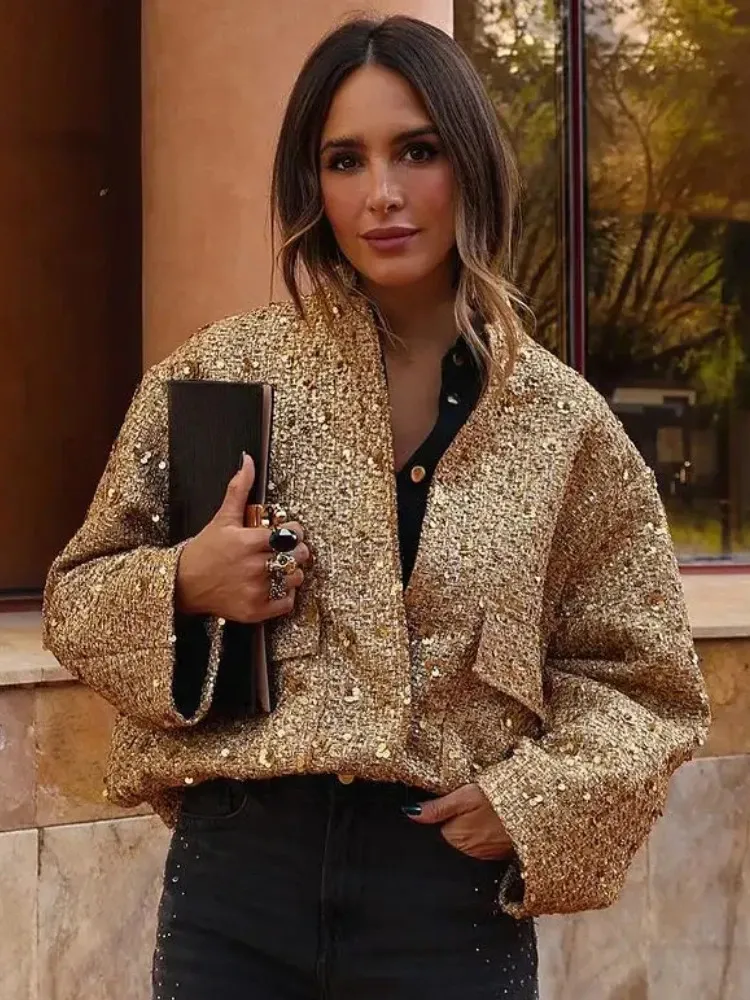 DHgate.com:Womens Sequin Bomber Jacket - Long Sleeve, Round