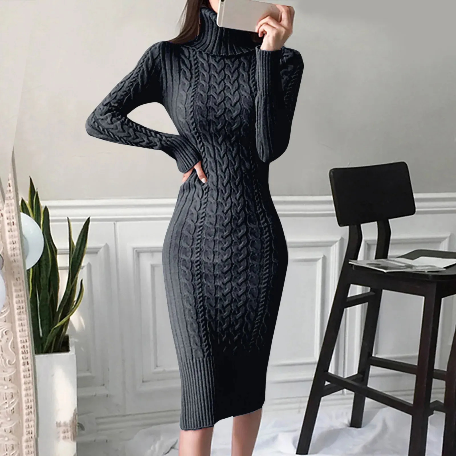 Turtleneck Sweater Dress Warm Knit Corset Zippered Skydiving Dress for Autumn and Winter