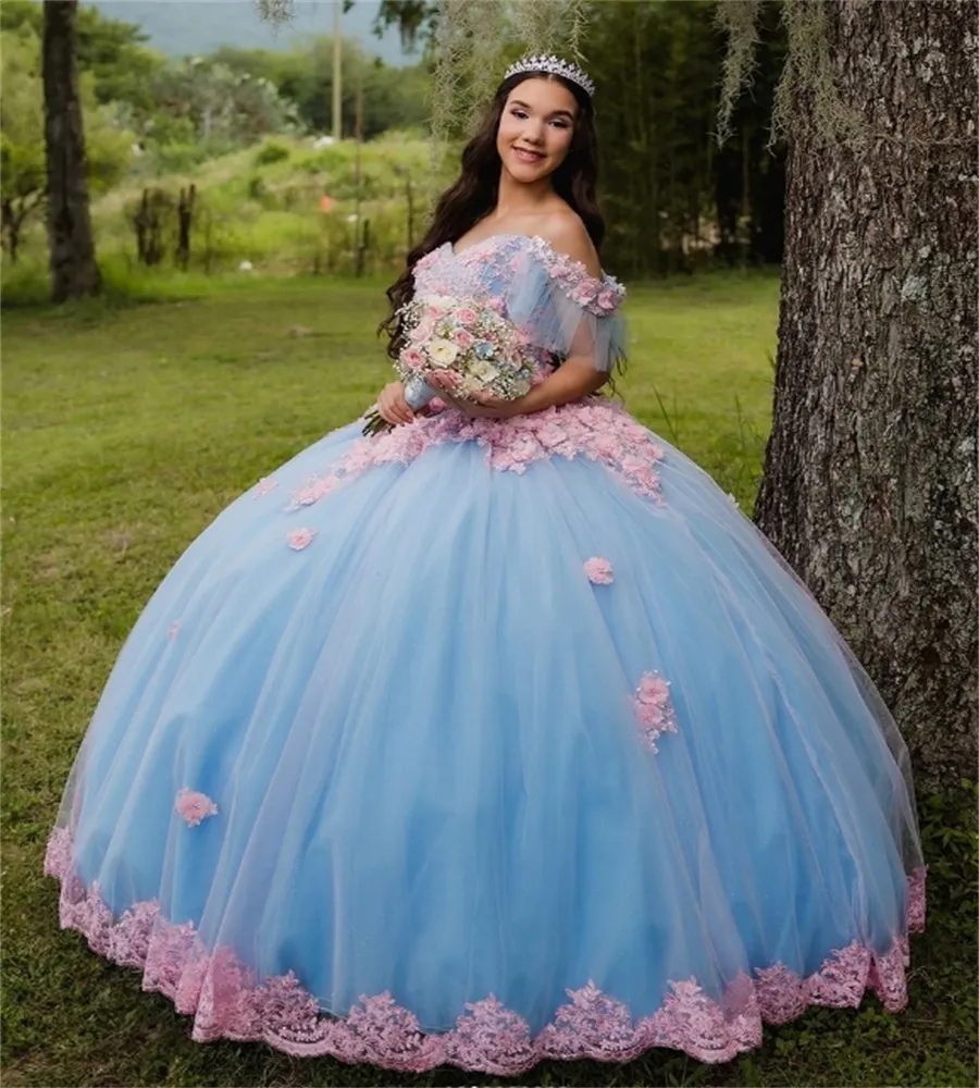 quinceanera dresses blue and pink Light Blue Quinceanera Dresses With Pink 3D Flowers Birthday Dress Sweet 16