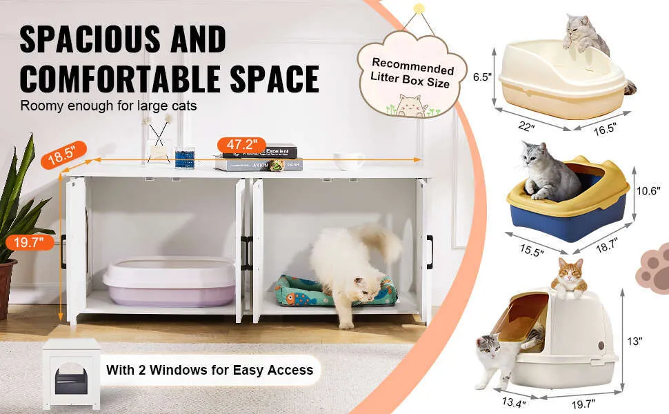 VEVOR Hidden Wooden Cat Enclosure For 2 Cat Store Fits Litter