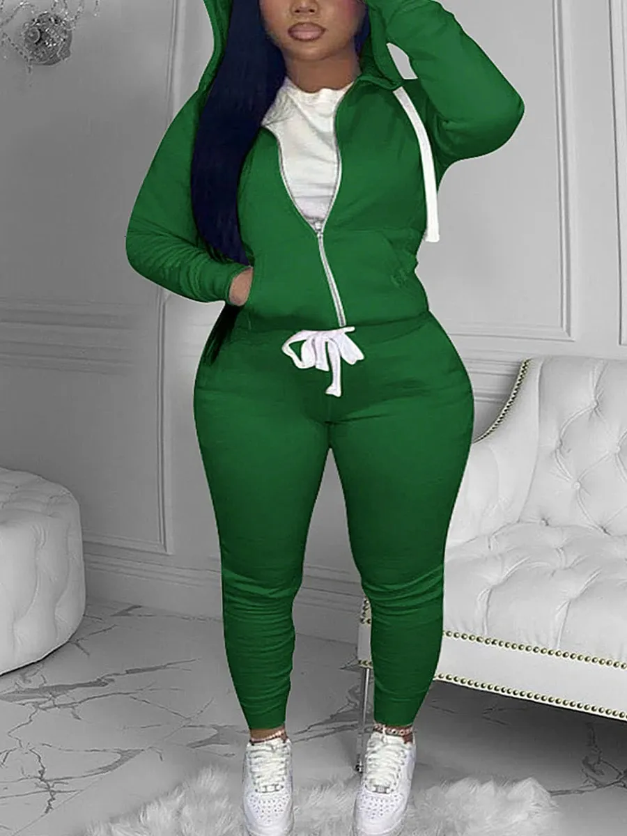 Comfortable Plus Size Womens Green Hoodie And Sweatpants Set Long