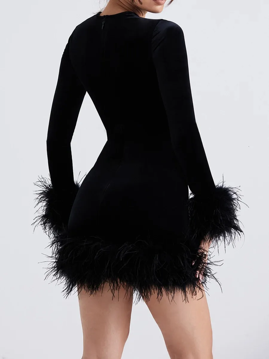knee length dresses for ladies Velvet Long Sleeve Feather Cocktail Dress by Jovani 09675