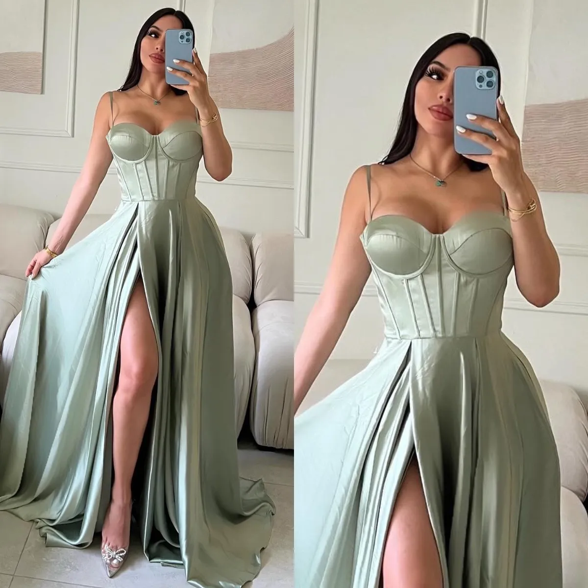 Structured Bodice Belted A-Line Formal Dress Olive Green