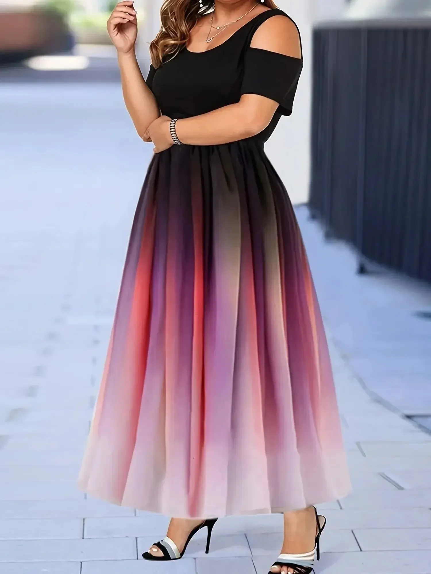 Women Plus Size 1XL8XL Dress Gradient Print Off Shoulder Tight Top and Loose Bottom Elegant Short Sleeve Long Ball 241010