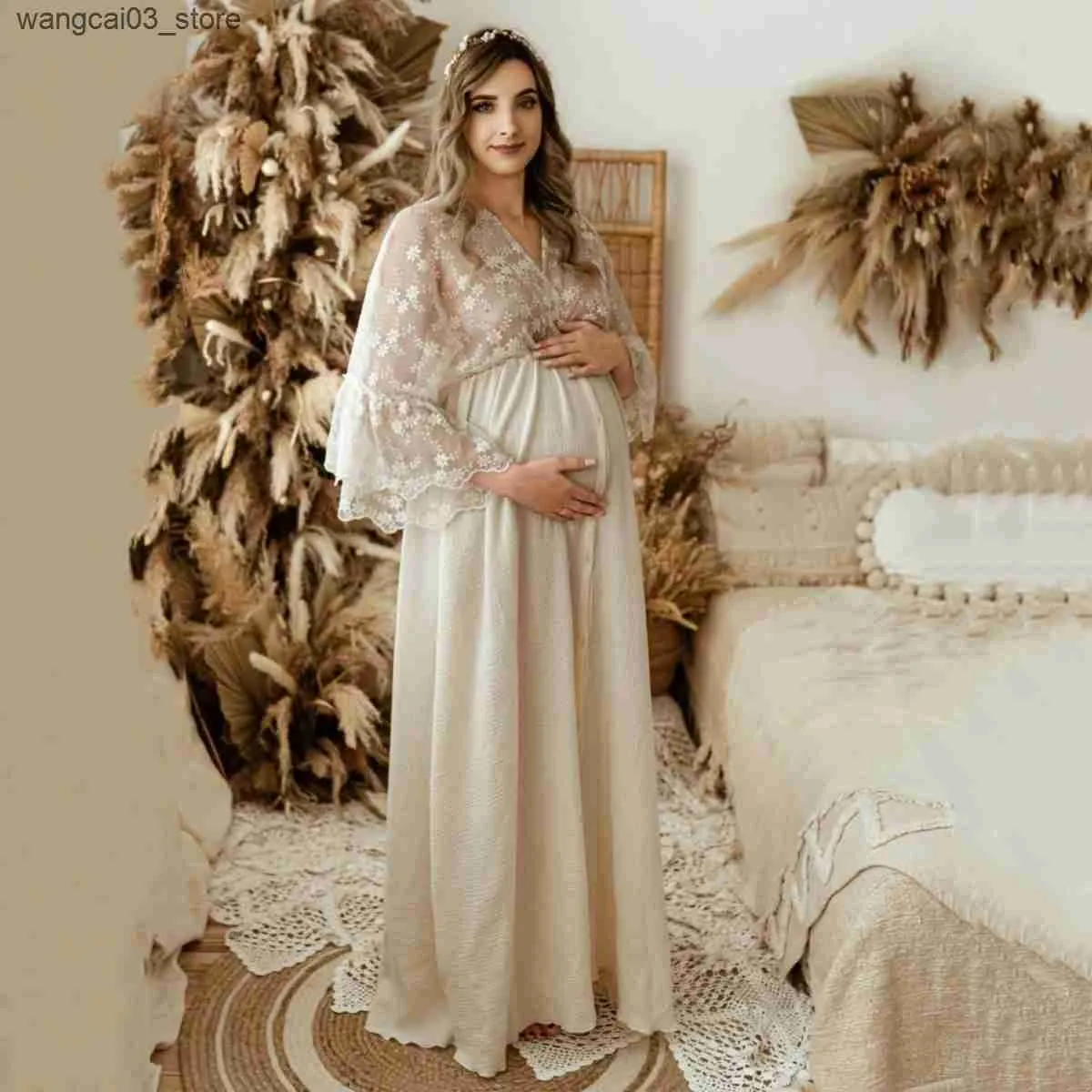 green emerald velvet dress Vintage Two-piece Lace Boho Maternity Photoshoot Dress
