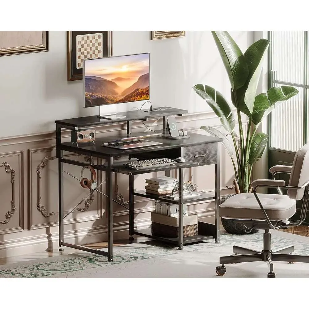 40 Inch Black Office Desk With Printer Shelf With Drawer, Keyboard Tray