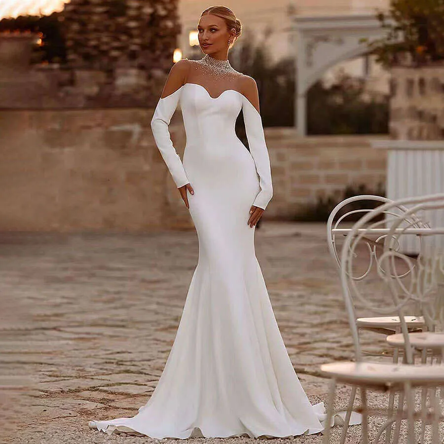 Beaded Mermaid Wedding Dress: Classic V Neck Bridal Gown Elegant