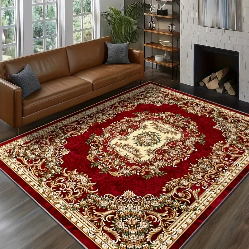 Red Persian Style Carpet: Vintage Chic Area Rug, Soft, Washable