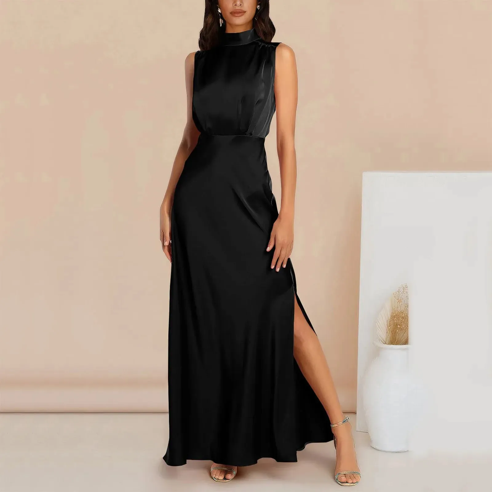 knee length dresses for ladies Odyssey Contrast Satin Maxi Slip Dress Black– Selfie Leslie