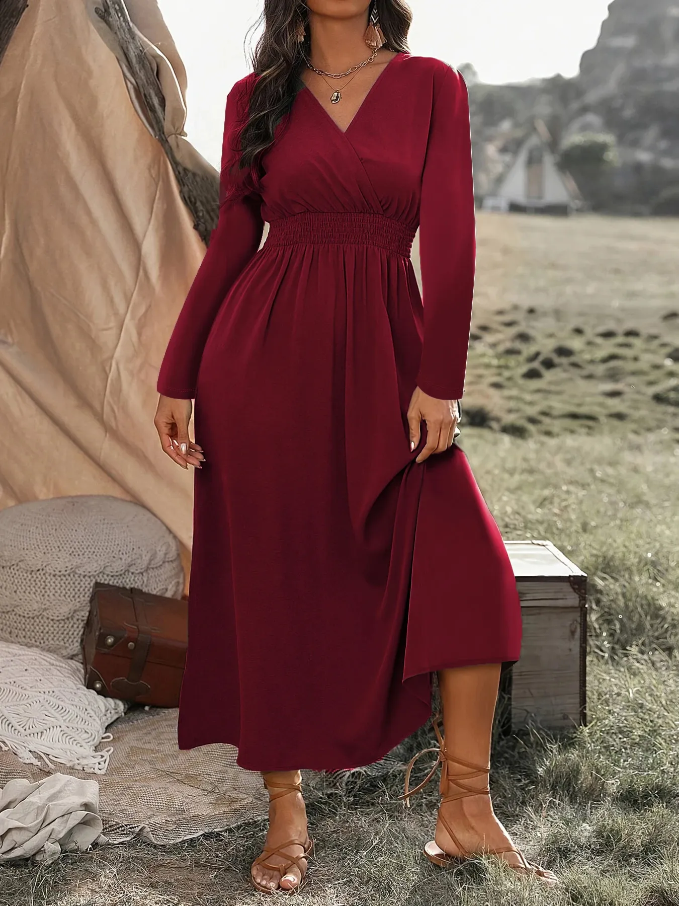 open lace back dress Women Long Sleeve Jersey Flared Swing T-Shirt Tunic Dress with Side Pockets main image 0