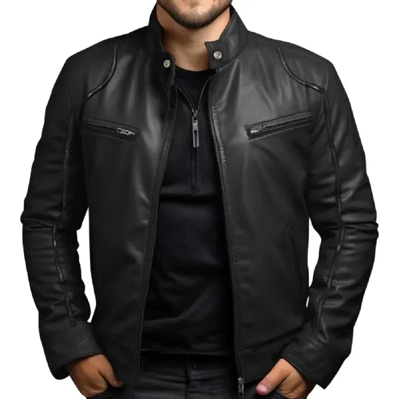 Mens Motorcycle Leather Jacket: Stand Collar Punk Biker Coat