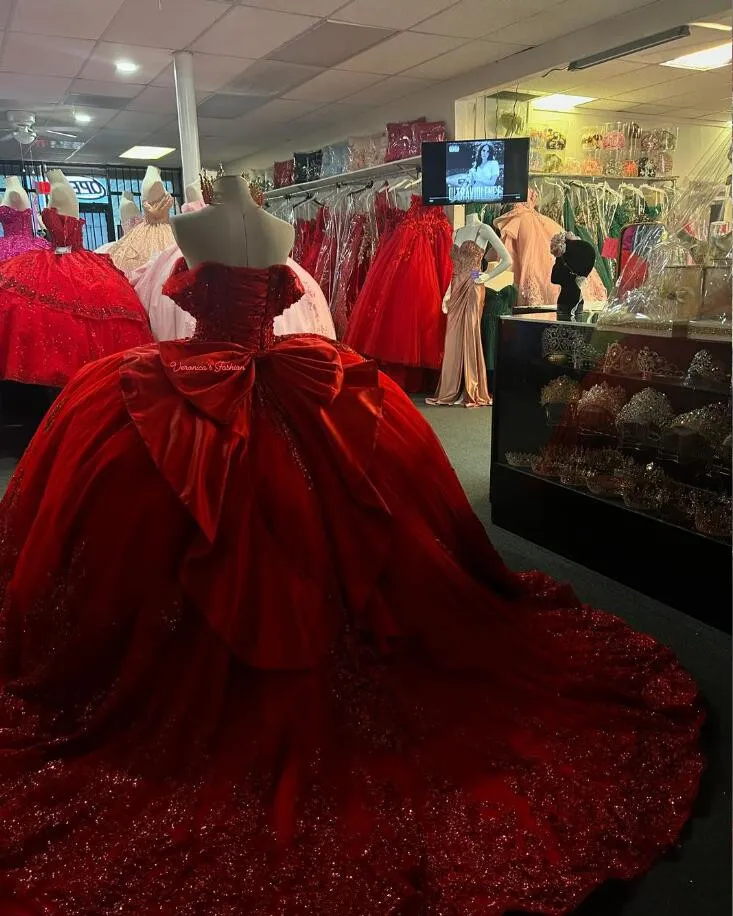 Red Princess Quinceanera Dresses Off Shoulder Luxury Applique with Bow  Lace-up | eBay