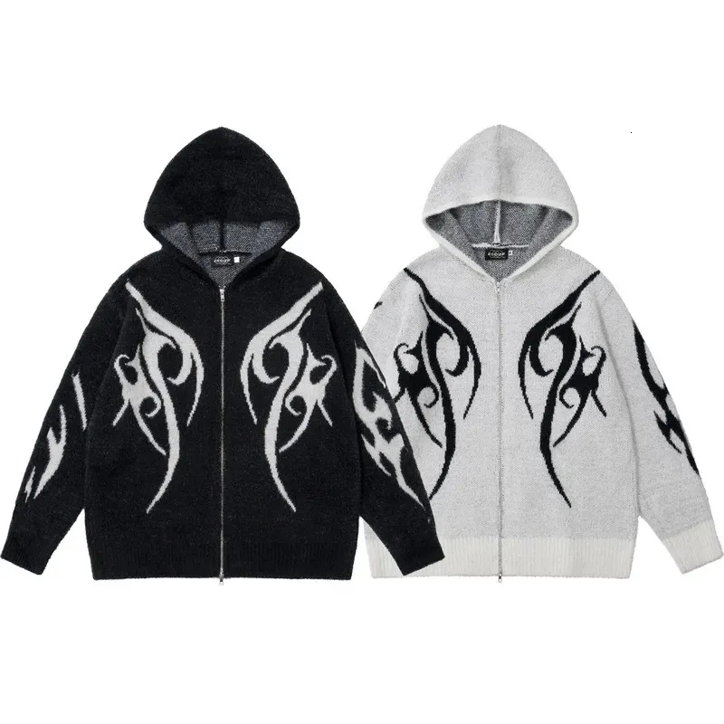 Mens White Cardigan Sweater, Retro Knitted Y2K Graphic Zip Up