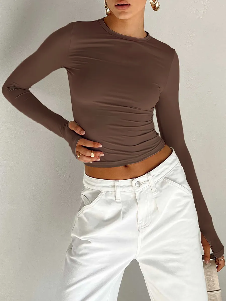Camiseta De Manga Larga Ajustada Para Mujer – Estilo Y2K, Ombliguera, Cuello Redondo – Tejido Elástico De Poliéster Y Elastano