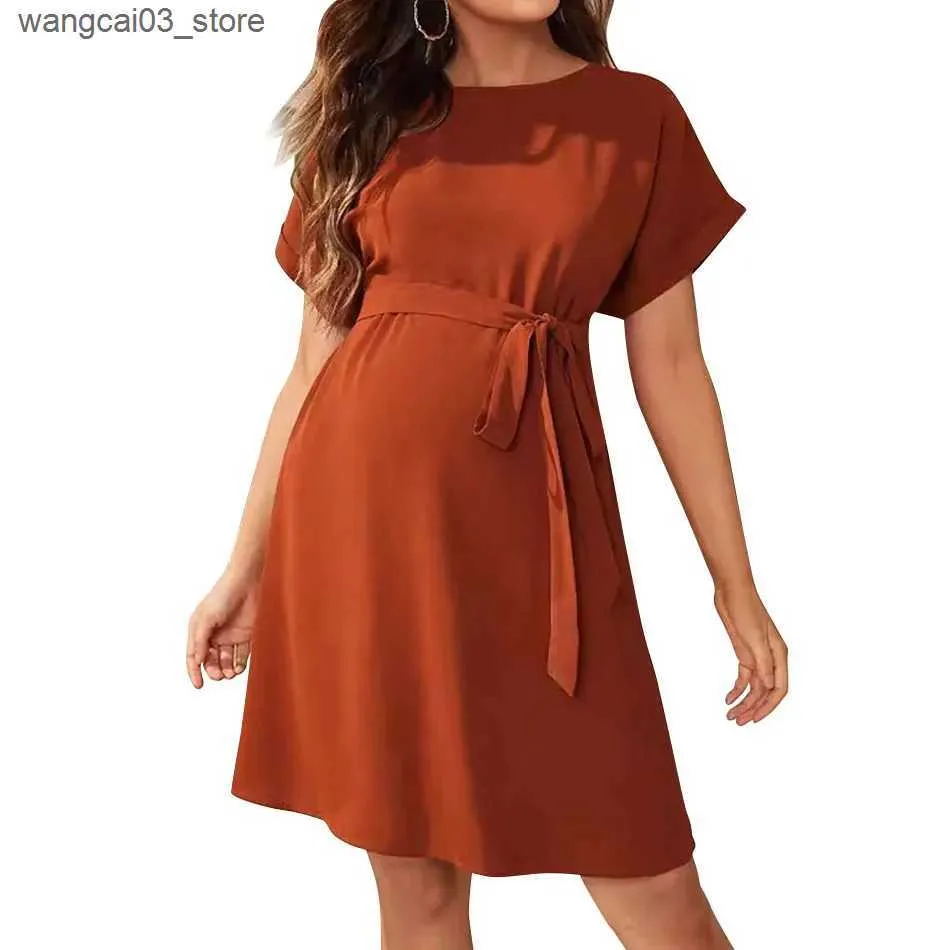 Comfortable Maternity Dress Tied Waist Pregnancy Clothing For