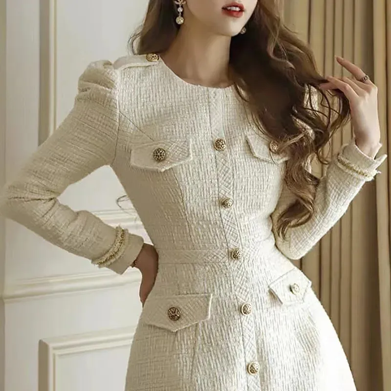 knee length dresses for ladies Wool Blend Tweed Short Women Jacket and Long Sleeve Dress Set, Black and White Jacquard / M