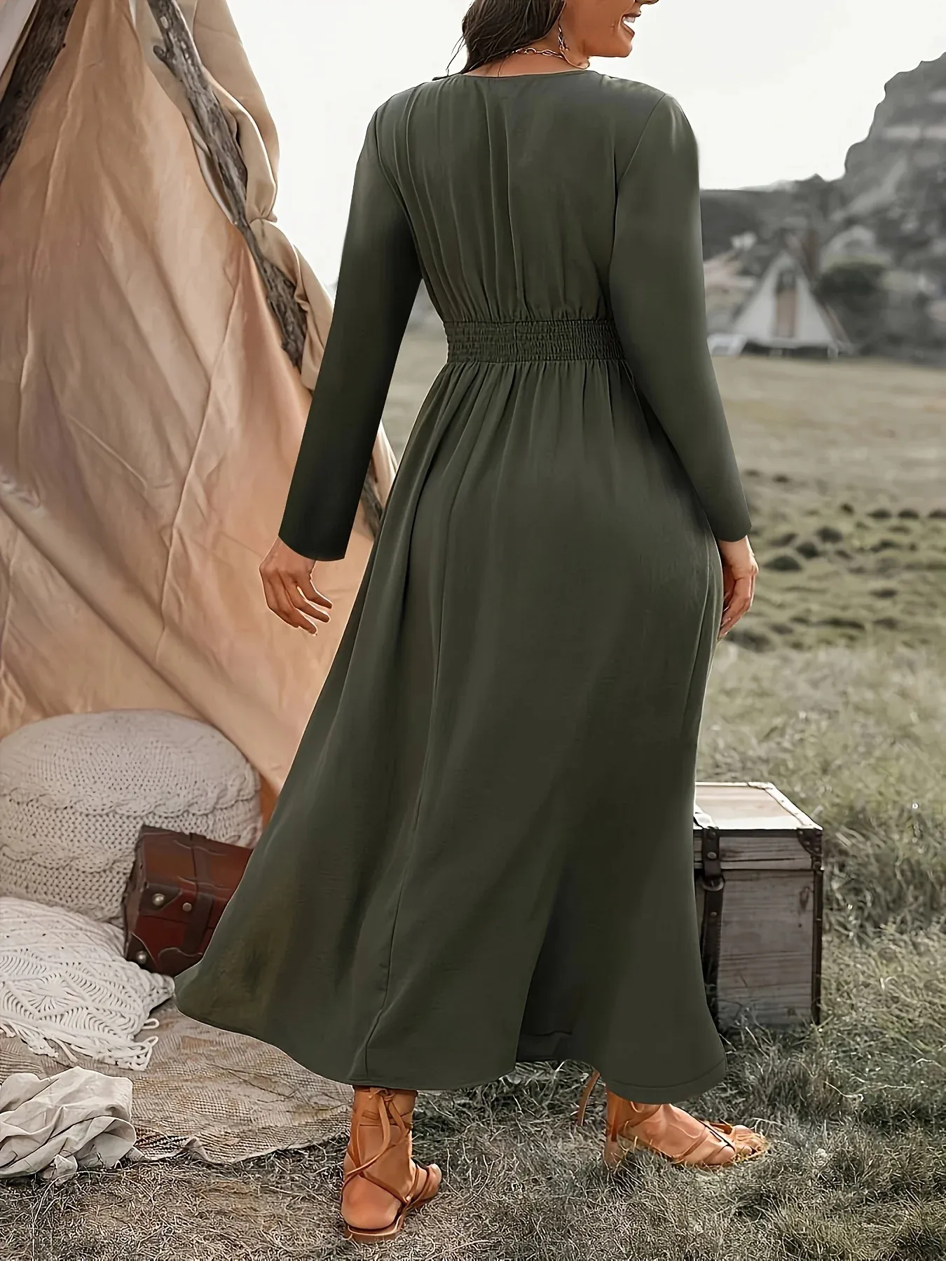 knee length dresses for ladies Plus Size Long Sleeve Jersey Flared Swing T-Shirt Tunic Dress with Sid –  TheLovely.com main image 1