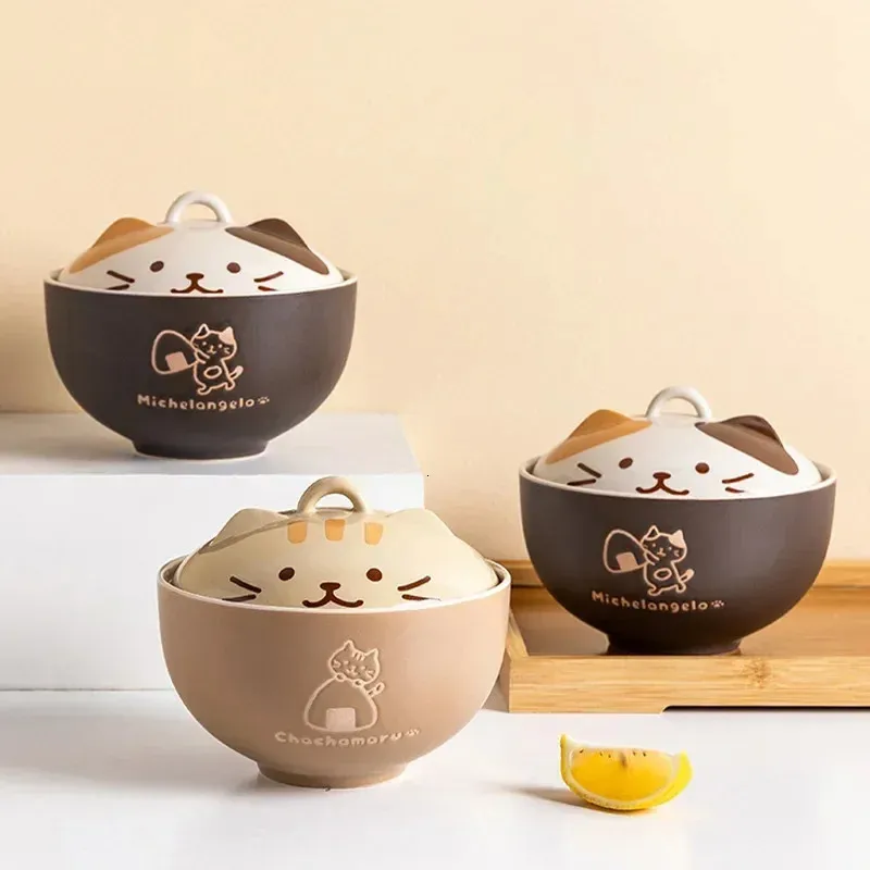 Japanese Creative Ceramic Bowl Cute Cartoon Animal And Lid Cat