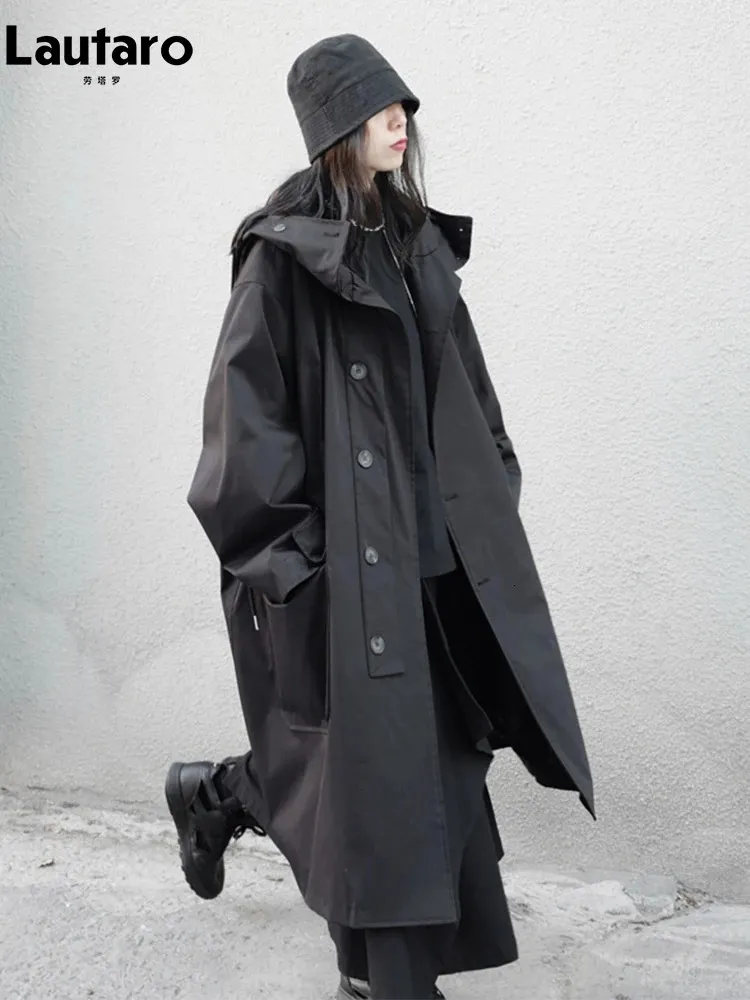 Lautaro Spring Autumn Long Oversized Black Trench Coat With Hood