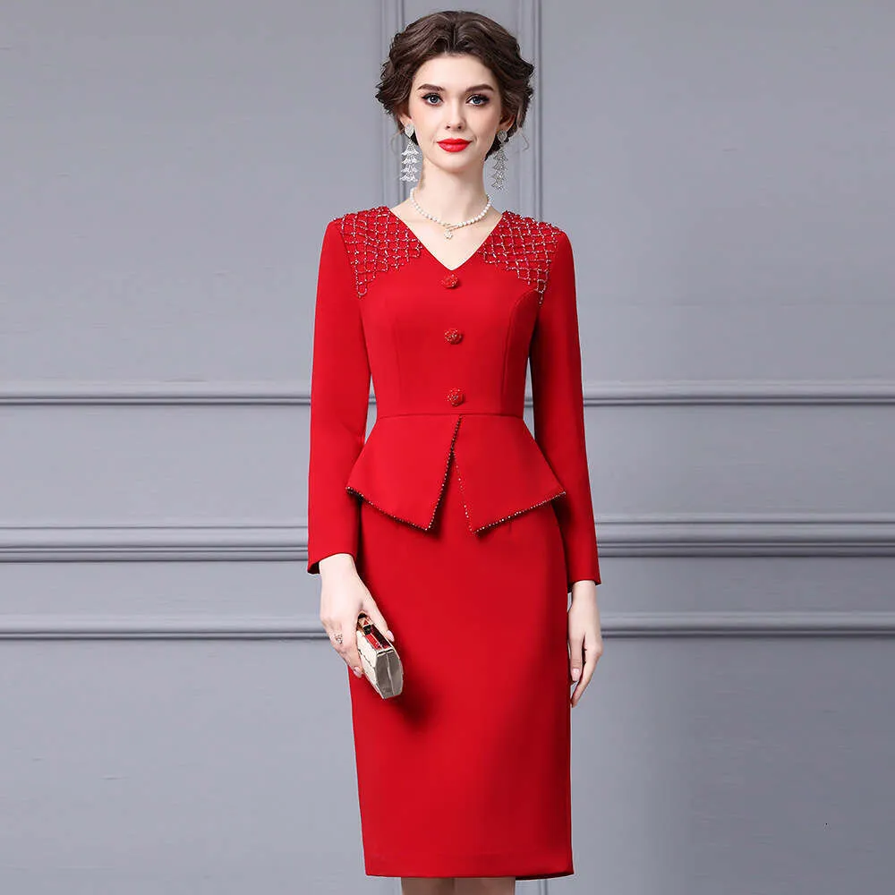 Red linen blend fitted mid-calf sheath dress with crew neck and long sleeves  for autumn from Dhgate Basic & Casual Dresses - price 130.84