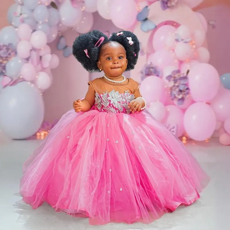 Pink flower girl dress with Beaded Lace and Crystals - Sheer Neck, Floor Length, Perfect for Birthdays, Communion, and Marriage - F150