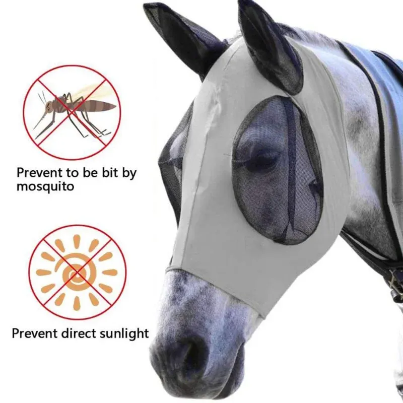 Horse Fly Mask with Breathable Mesh Ear Protection Anti-Mosquito Face  Shield for Horses