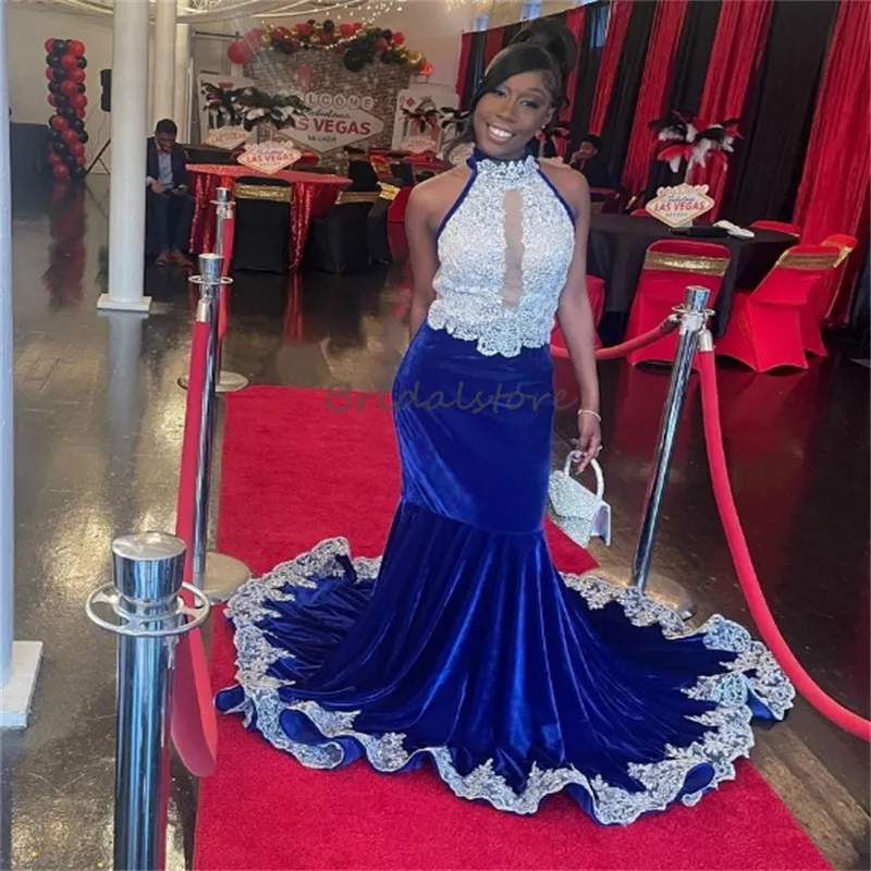 Elegant Royal Blue Blue Velvet prom dress with White Appliques and Velvet Halter for Black Girls - Sweep Train, Perfect for Evening Ceremony, Gala,