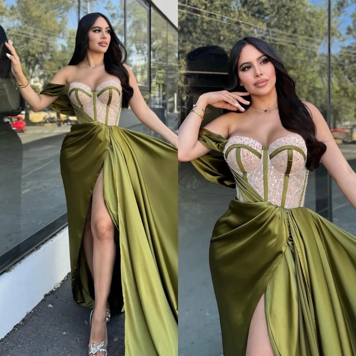Sexy Sheath Long Party Prom Dress Olive Green One Shoulder Prom Evening Dress Y8009