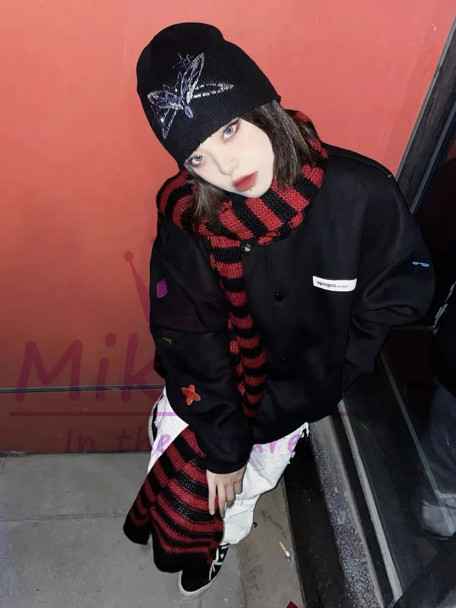 Harajuku Punk Fashion Grey Red Black Striped female scarf