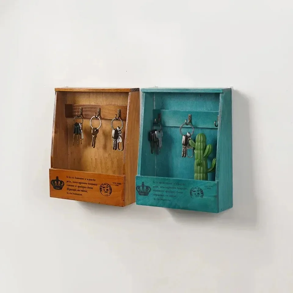 Artibetter Chic Wooden Key Storage Box – Wall Mounted Key Holder In Retro Blue