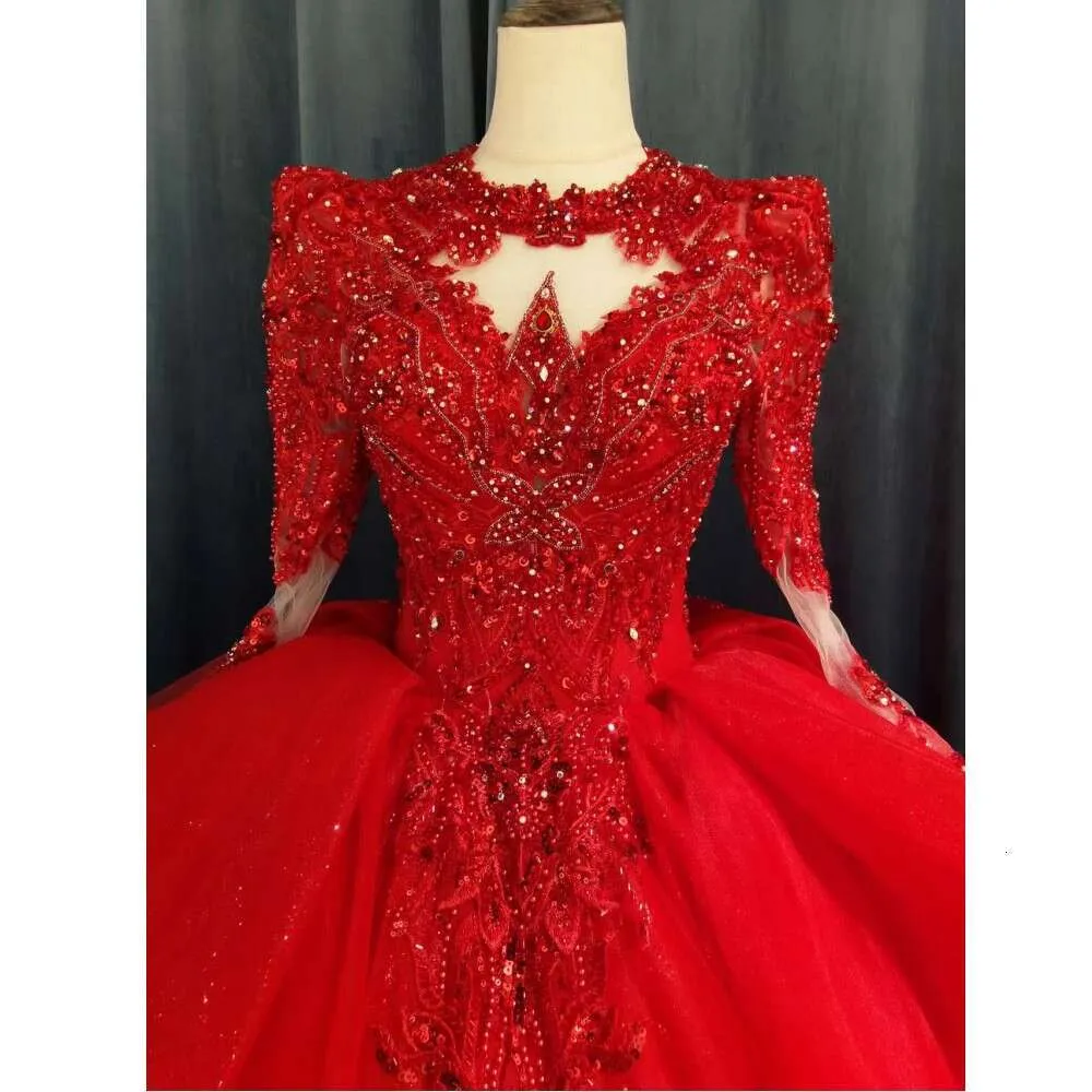 Kisswhite Green Collection Red Bridal Dress with Red Lace, Long Sleeves, Crystals, and Train