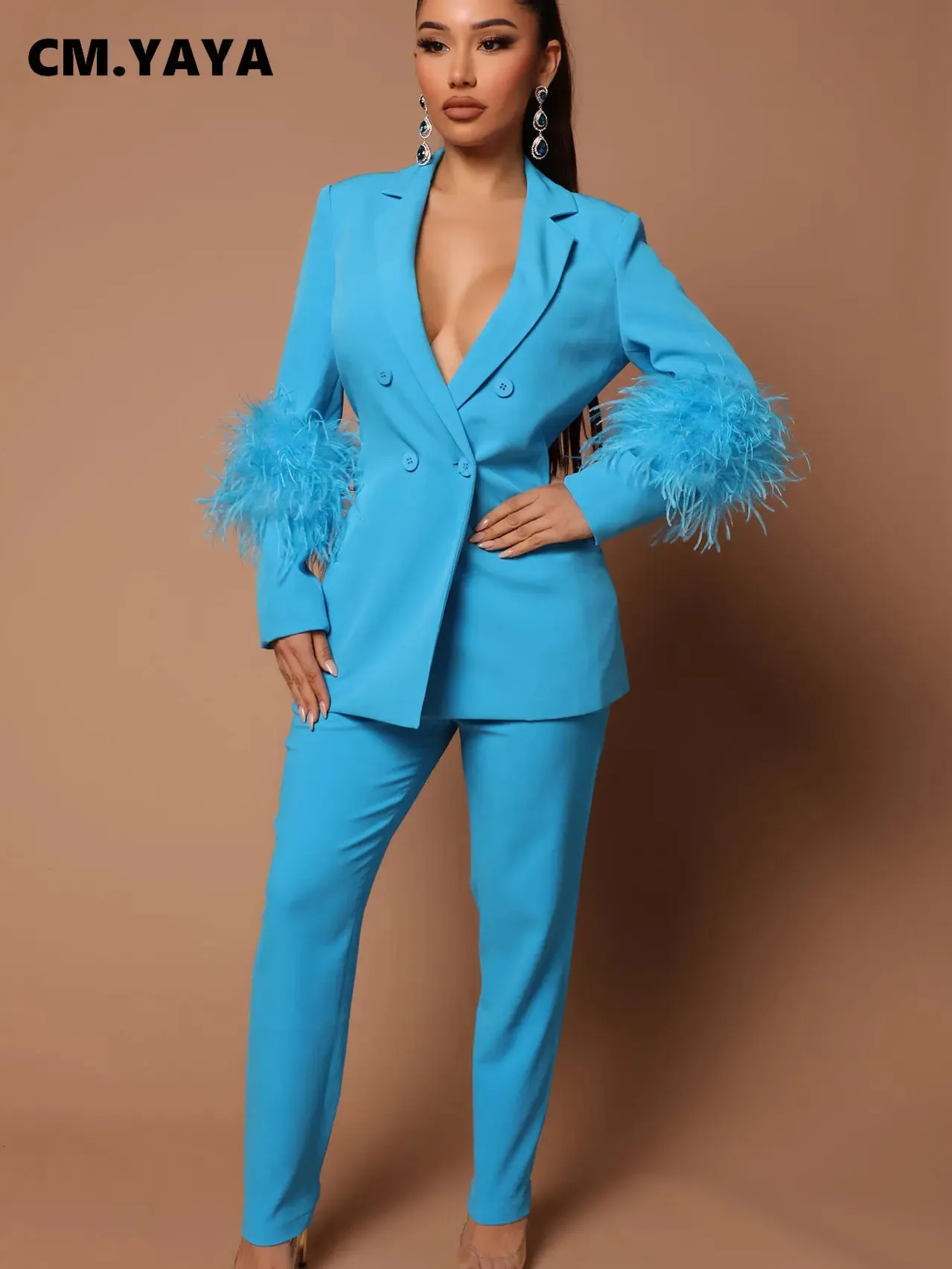 Save Big on Bulk Women's Two Piece Tracksuit Vintage Women Fur Hem  Long Sleeve Blazer Suit And Pants Chic OL Fashion Two Piece Set Outfits 