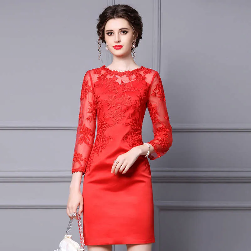 strapless open back dress Maroon Floral Flocked Mesh Long Sleeve Mini Dress main image 0