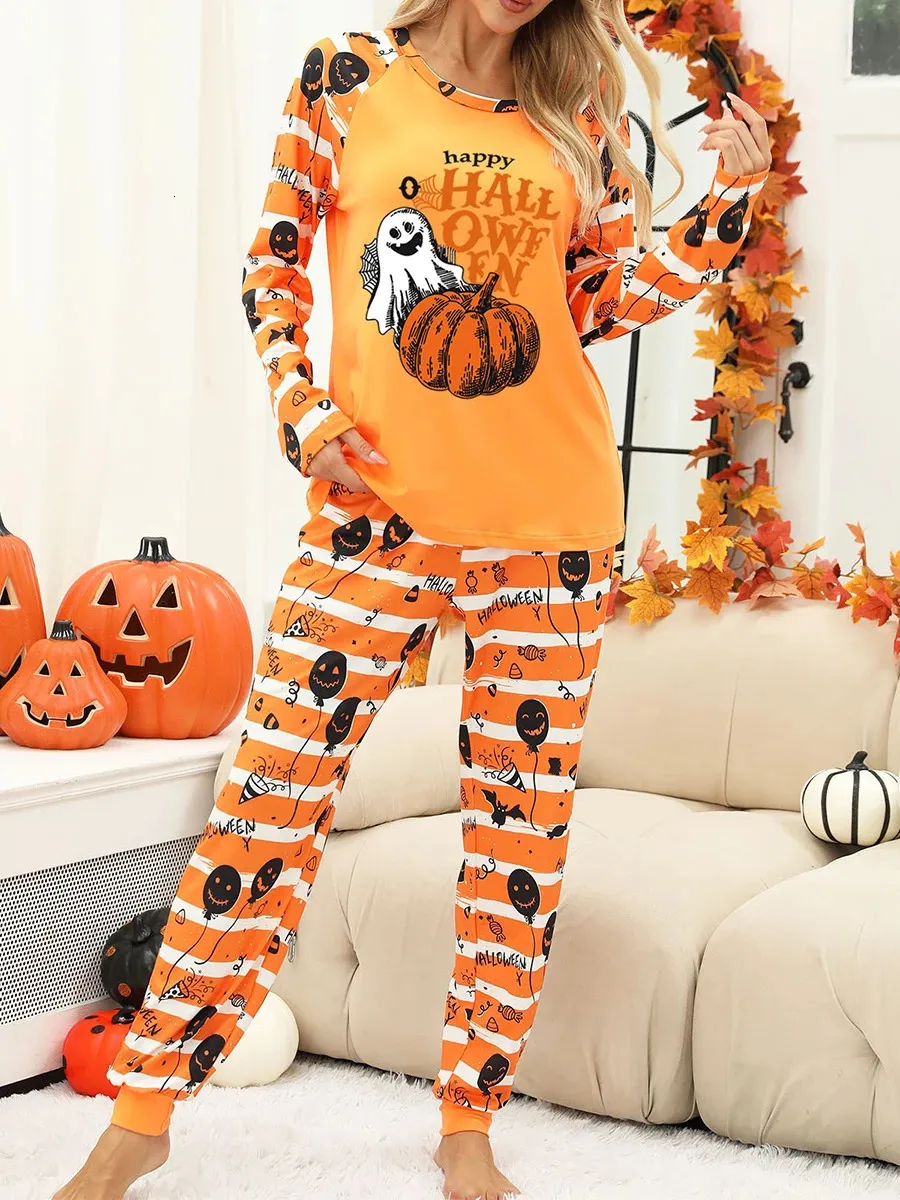 Save Big on Bulk Halloween Pajama Set Women Halloween Pajama Pants Set:  Women's Ghost Pumpkin Print Long Sleeve Top With Elastic Waist Pants  Casual
