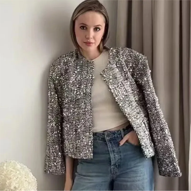 Sequin Silver Shiny Coat Sequin Blazer Womens Long Sleeve Open