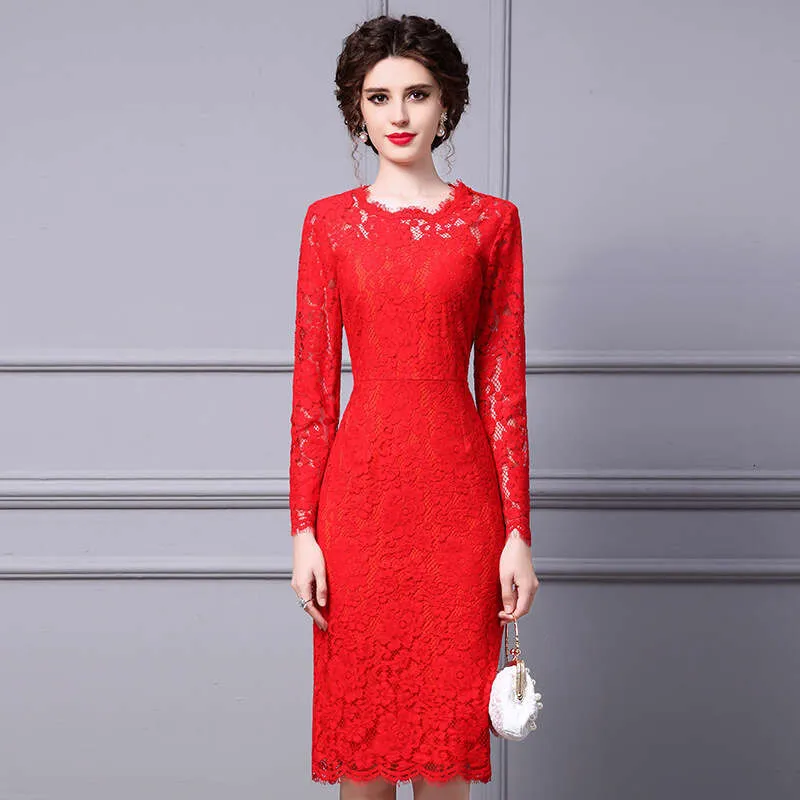 Red lace long sleeved fitted sheath dress with panelled decoration mid-calf  length for autumn from Dhgate Basic & Casual Dresses - price 105.71
