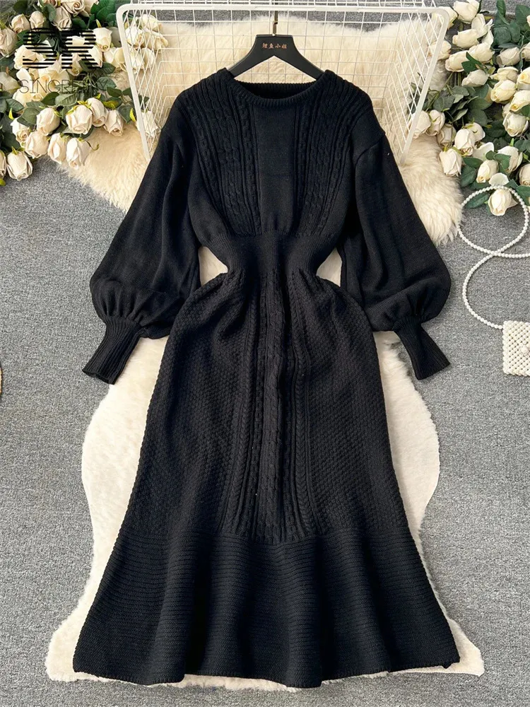 Women's Knitted Long Sleeve Casual Dress with Elastic Waistband