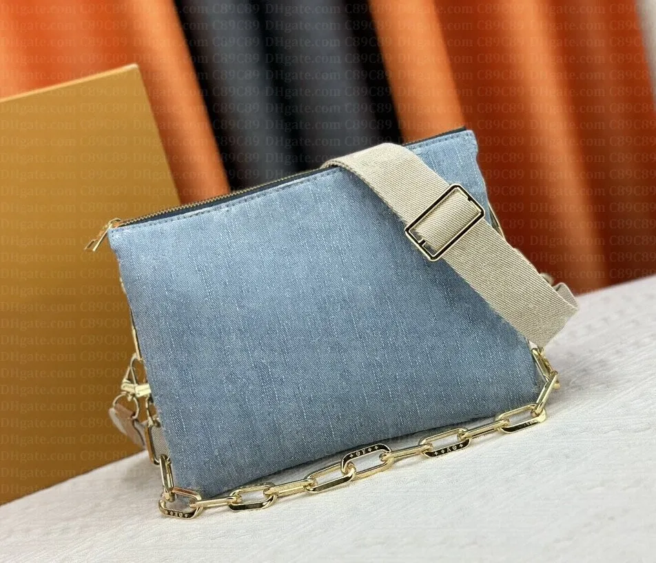 High Quality Designer Denim Dusky Blue Clutch Bag With Gold