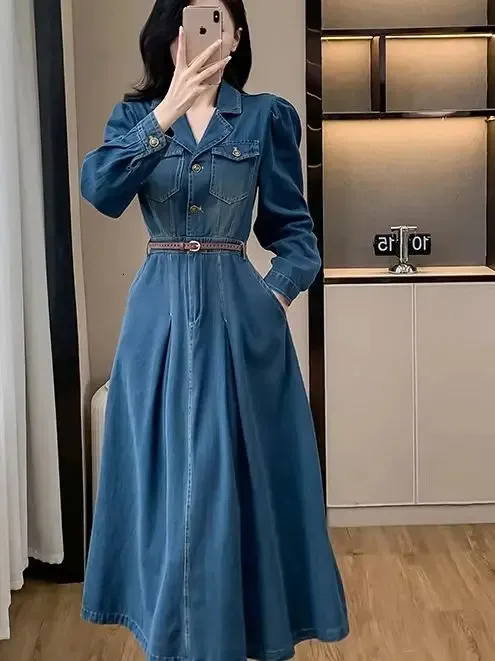 Floor-Length Chiffon Denim Dress for Women with Short Sleeves and Retro  Collar in Blue