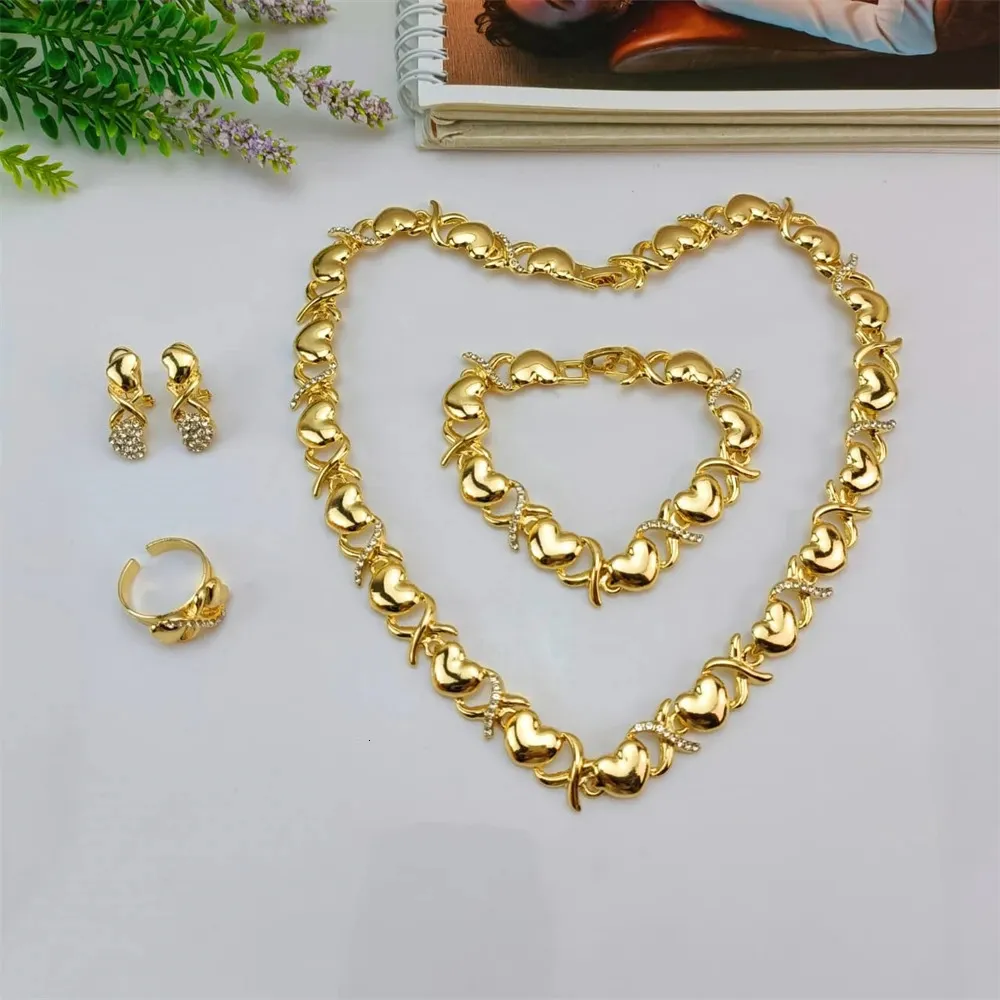 Gold Rhinestone Jewelry Set For Women - Chunky Necklace, Bracelet, Earrings & Ring, Bridal Wedding Set