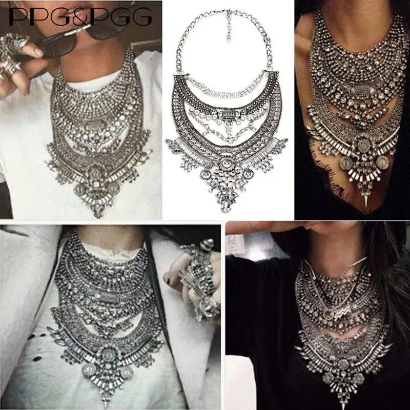Women's Chunky Silver Pendant Necklace Set - Bohemian Gemstone Statement Necklaces, Silver Plated - View #5