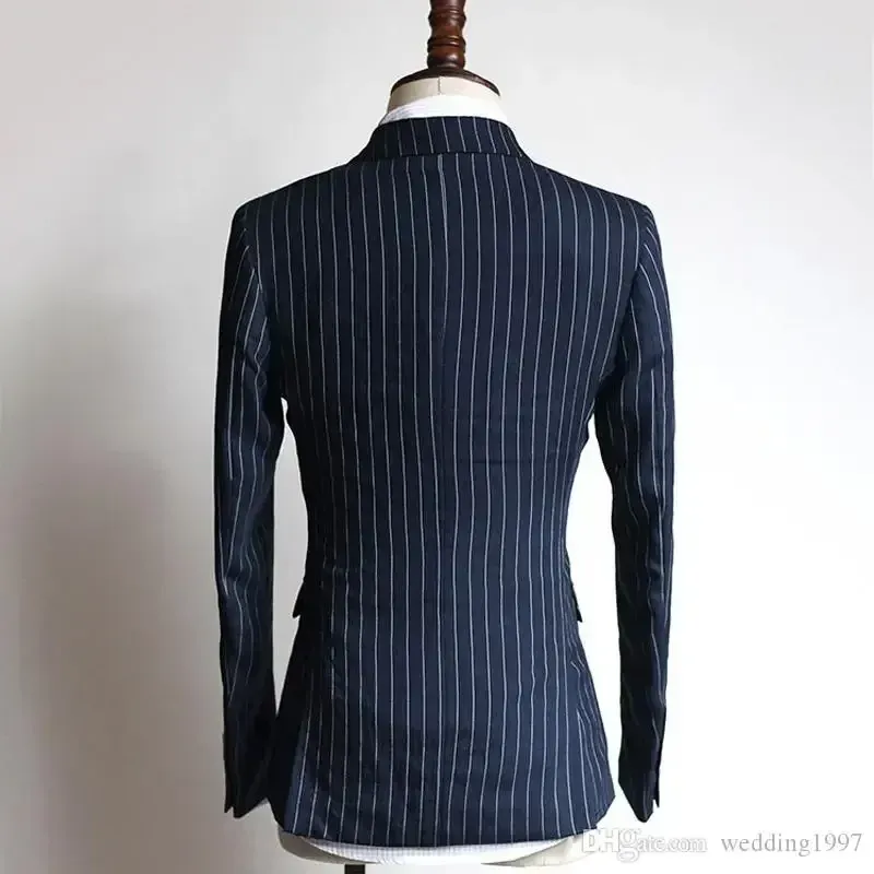 2024 Double Breasted Peak Lapel Stripe Formal Men's mens Double Breasted suits for Business and Weddings - Navy Blue Fashion (Jacket and Pants)