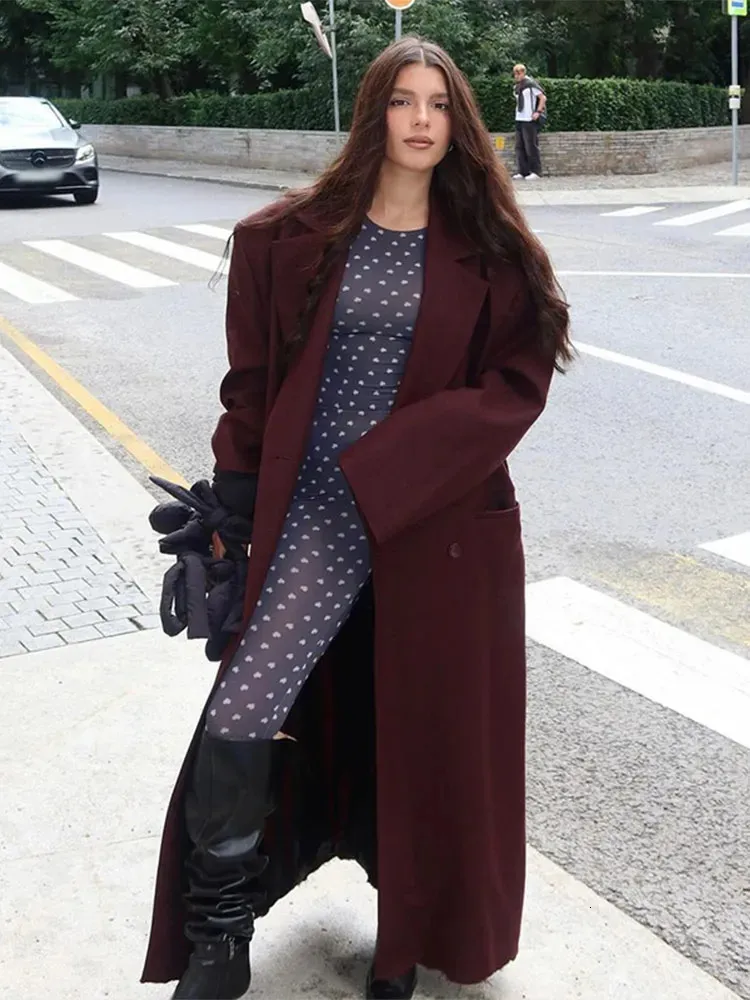 Save Big on Bulk Womens Long Red Wool Coat Womens Long Hooded Wool Coat  Vintage Wine Red Oversized Wool Coat, Elegant Lapel, Single Breasted, Loose 