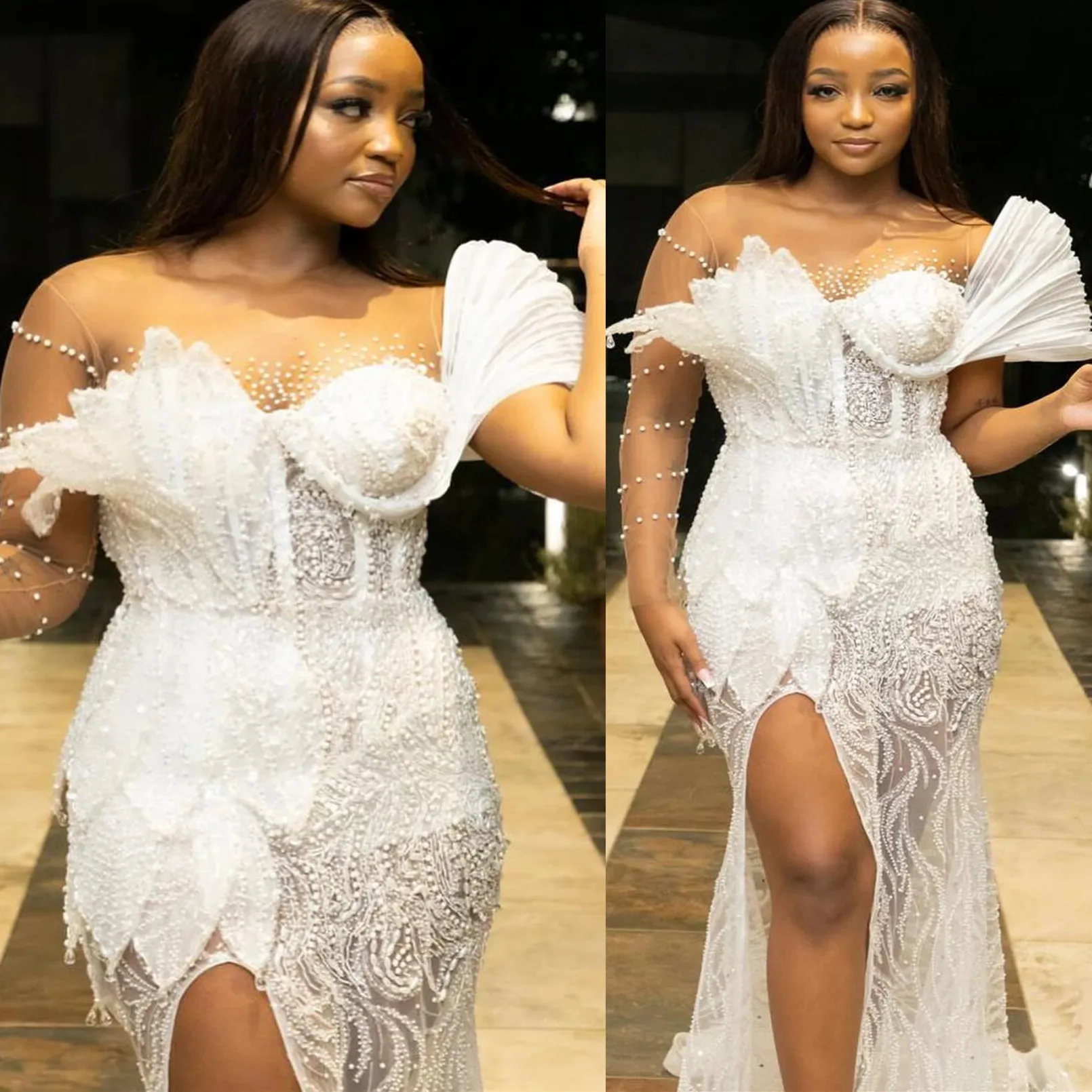2024 Prom Ivory Lace Dresses Sequin Beaded Floral Applique Evening Gowns