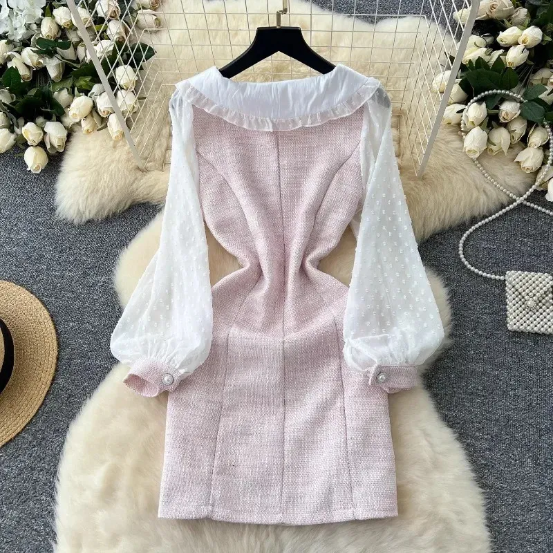 Sweet Pink Coarse Tweed Mesh Long Sleeve Light Pink Dress for Women - Autumn Polka Dot Pearl Office Light Pink Dress (241011)