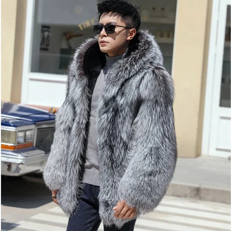 Mens Faux Fur Hooded Coat, Thick Warm Silver Fox & From Zara02