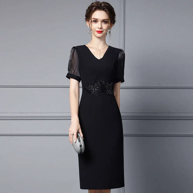 Black Denim Dress For Women V Neck Short Sleeve Bifurcated Skirt With Nail  Diamond Detail Gentle Sexy Waist Autumn Style From Clothing959421, $79.65  In Bulk | DHgate.Com
