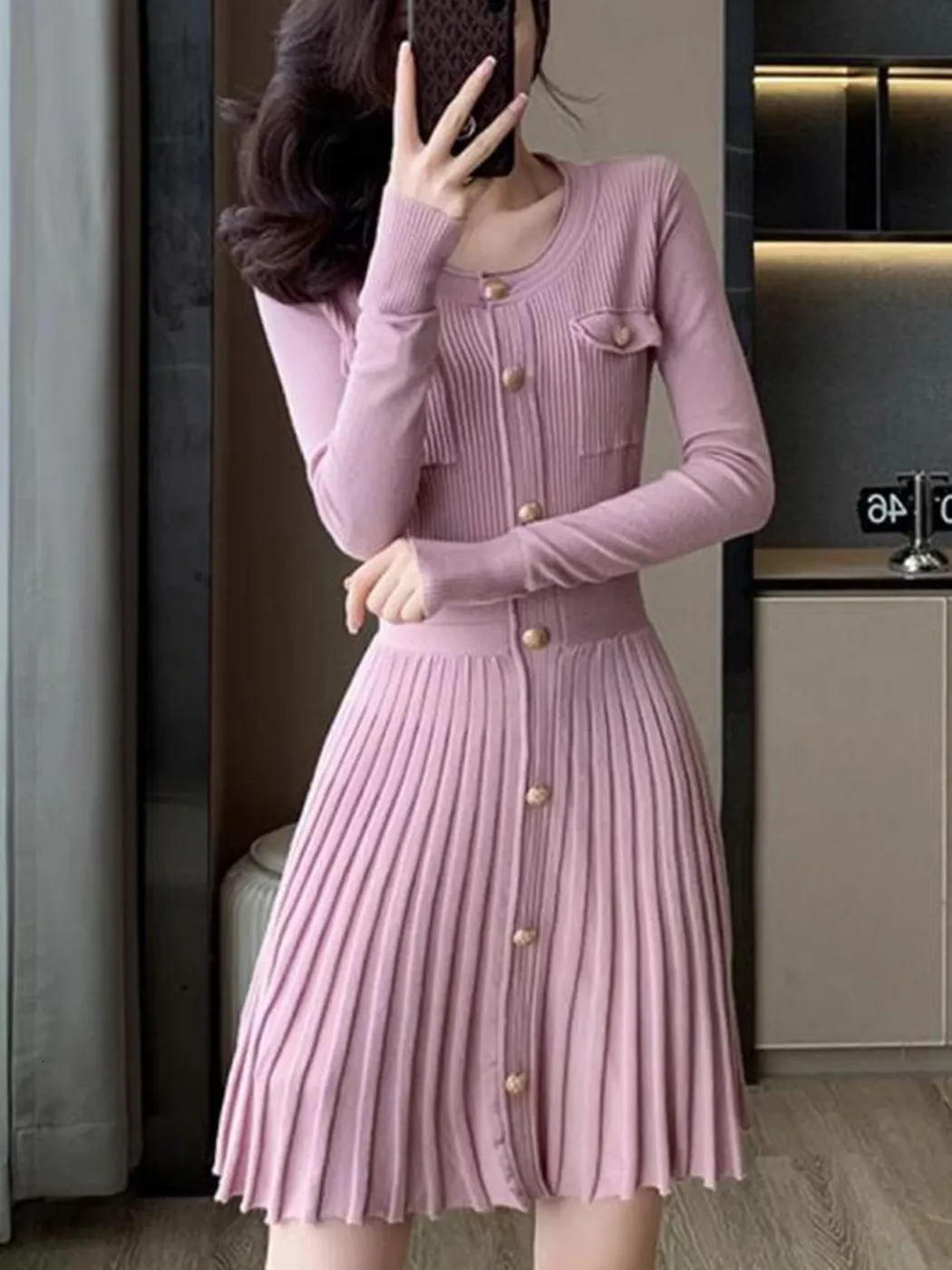Chic Pink Knit Short white dress with O-Neck and...