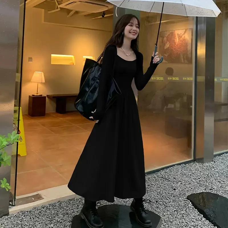 Vintage Black Bodycon Square neck long dress with Square Collar for Women - Perfect for Weddings, Parties, Office and Casual Wear in Autumn (Style #